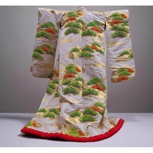 Vintage Japanese Uchikake Wedding Kimono Silk Embroidered Pine Tree Gold Red